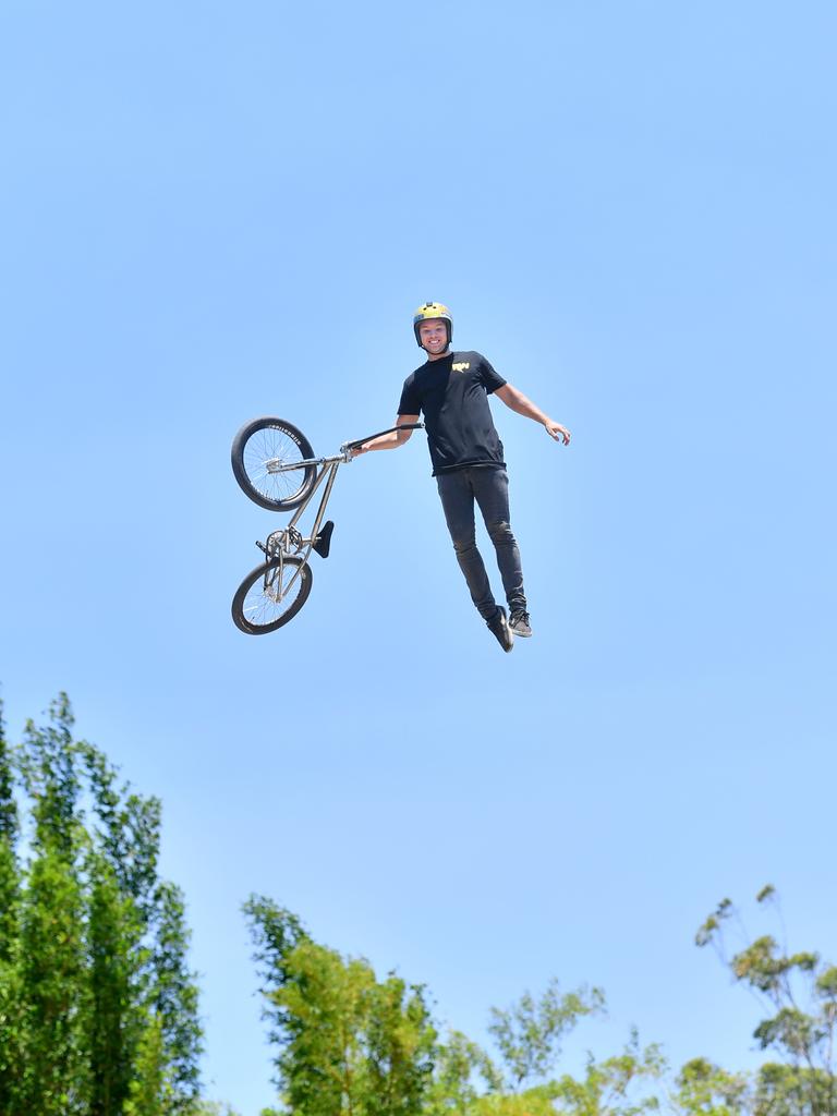 Coast BMX and scooter legend Ryan Williams gets some serious air at his training facility. Photo: John McCutcheon / Sunshine Coast Daily