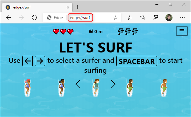 Accessing Microsoft Edge's secret SkiFree-style game.