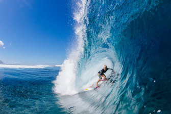 Tatiana Weston-Webb enjoys surfing at the Wall of Skulls before the start of the men-only 2019 Tahiti Pro Teahupo'o. 